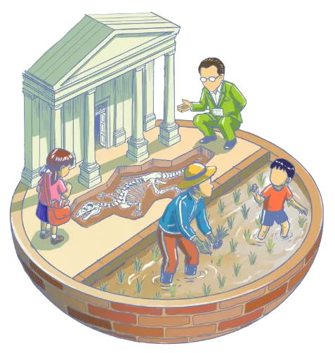 歴史や考古学を学ぶ子どもたちの体験型学習イラスト
