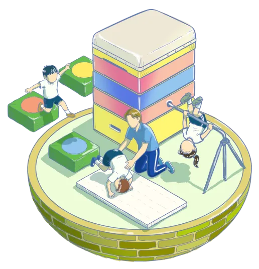 跳び箱と鉄棒に取り組む子どもの体育学習イラスト