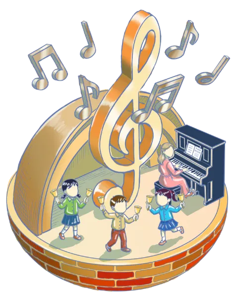 大きなト音記号のオブジェを背景に、子どもたちが楽器演奏や合唱を行う音楽教育のイラスト