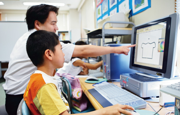 The children use one computer each to draw various charts and program operations