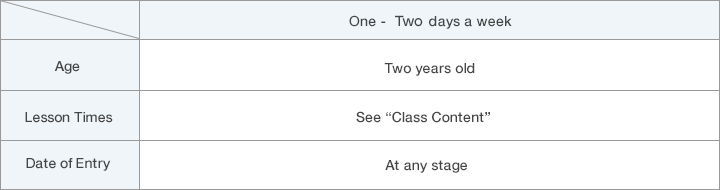 One-Two days a week, Age Two years old, Lesson Times See Class Content, Date of Entry At any stage