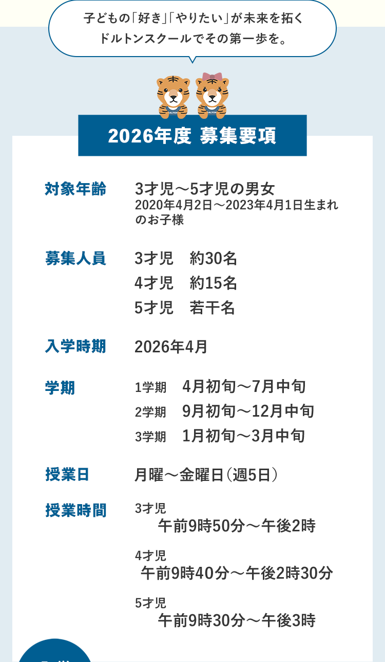 子どもの「好き」「やりたい」が未来を拓く ドルトンスクールでその第一歩を。　2026年度 募集要項　対象年齢 3才児～ 5才児の男女 2020年4月2日～2023年4月1日生まれ のお子様　募集人員 3才児 約30名 4才児 約15名 5才児 若干名　入学時期 2026年4月　学期 1学期 4月初旬～7月中旬 2学期 9月初旬～12月中旬 3学期 1月初旬～3月中旬　授業日 月曜～金曜日(週5日)　授業時間 3才児 午前9時50分～午後2時 4才児 午前9時40分～午後2時30分 5才児 午前9時30分～午後3時