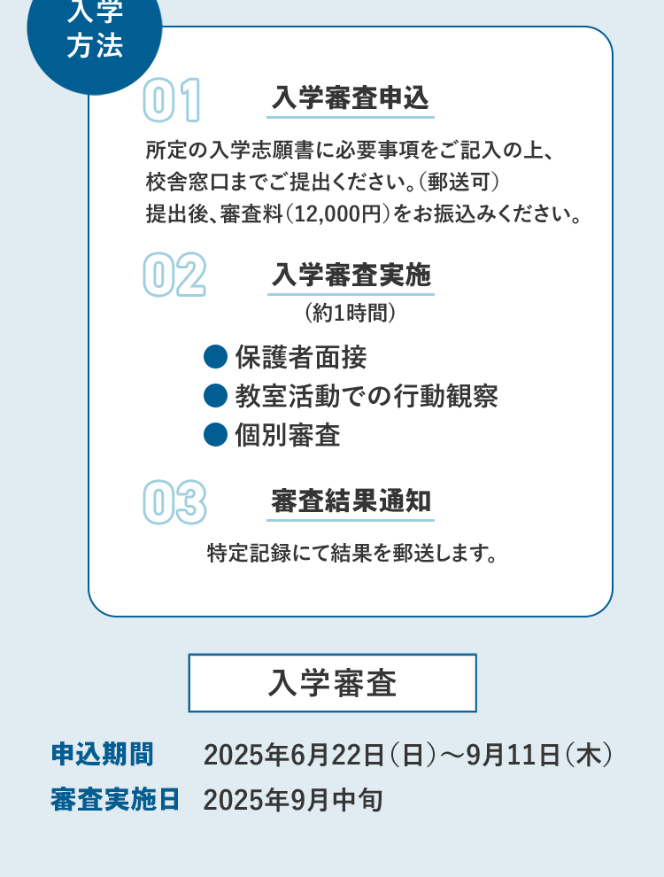 入学方法　01 入学審査申込 所定の入学志願書に必要事項をご記入の上、校舎窓口までご提出ください。 (郵送可)提出後、 審査料 (12,000円) をお振込みください。　2 入学審査実施(約1時間) 保護者面接 教室活動での行動観察 個別審查　03 審査結果通知 特定記録にて結果を郵送します。　入学審査　申込期間 2025年6月22日(日)～9月11日(木)　審査実施日 2025年9月中旬
