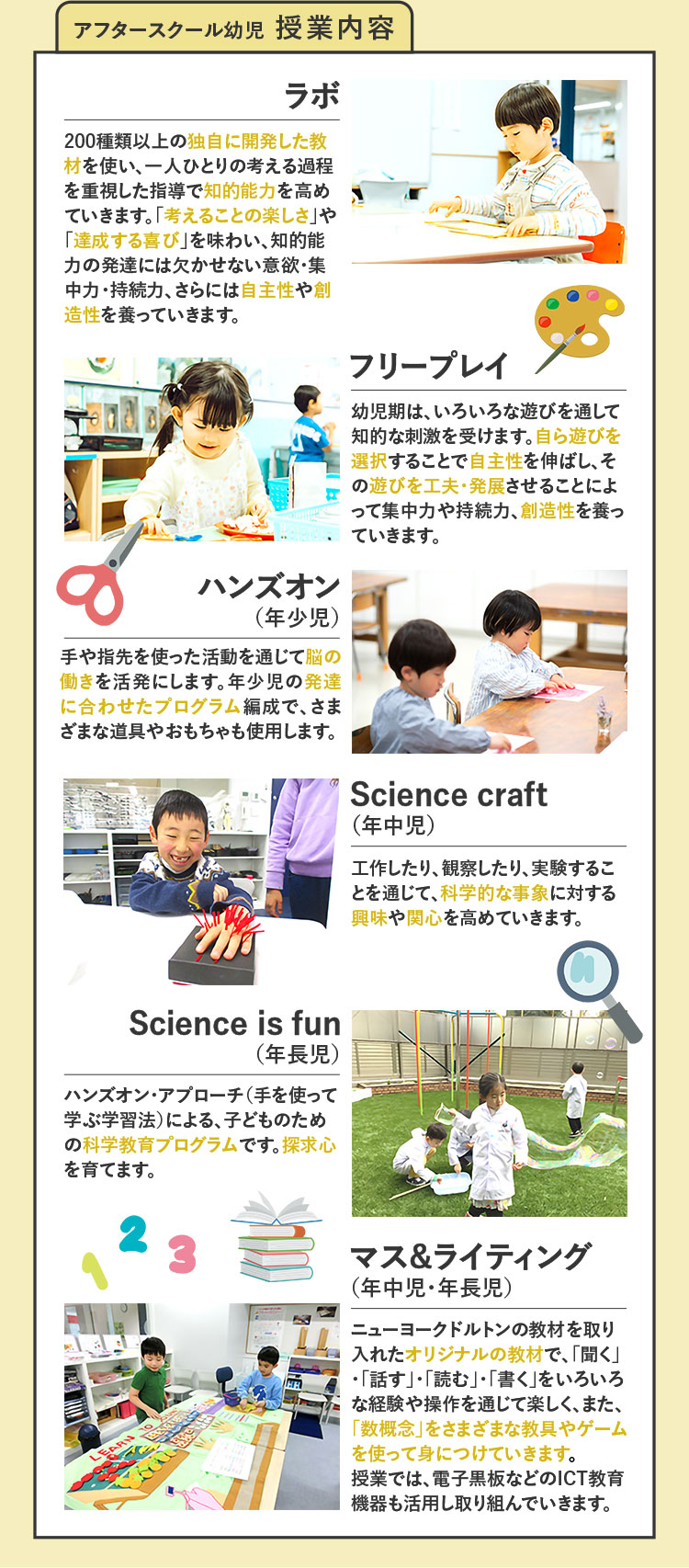 アフタースクール幼児 授業内容 ラボ 200種類以上の独自に開発した教材を使い、一人ひとりの考える過程を重視した指導で知的能力を高めていきます。「考えることの楽しさ」や「達成する喜び」を味わい、知的能力の発達には欠かせない意欲・集中力・持続力、さらには自主性や創造性を養っていきます。 フリープレイ 幼児期は、いろいろな遊びを通して知的な刺激を受けます。自ら遊びを選択することで自主性を伸ばし、その遊びを工夫・発展させることによって集中力や持続力、創造性を養っていきます。 ハンズオン（年少児） 手や指先を使った活動を通じて脳の働きを活発にします。年少児の発達に合わせたプログラム編成で、さまざまな道具やおもちゃも使用します。 Science craft（年中児） 工作したり、観察したり、実験することを通じて、科学的な事象に対する興味や関心を高めていきます。 Science is fun（年長児） ハンズオン・アプローチ（手を使って学ぶ学習法）による、子どものための科学教育プログラムです。探求心を育てます。 マス&ライティング（年中児・年長児） ニューヨークドルトンの教材を取り入れたオリジナルの教材で、「聞く」・「話す」・「読む」・「書く」をいろいろな経験や操作を通じて楽しく、また、「数概念」をさまざまな教具やゲームを使って身につけていきます。授業では、電子黒板などのICT教育機器も活用し取り組んでいきます。