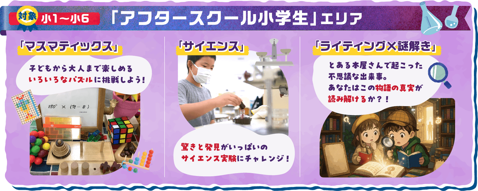 対象：小1～小6 マスマティックス：子どもから大人まで楽しめるいろいろなパズルに挑戦しよう！ サイエンス：驚きと発見がいっぱいのサイエンス実験にチャレンジ！ ライティング×謎解き：とある本屋さんで起こった不思議な出来事。あなたはこの物語の真実が読み解けるか？！