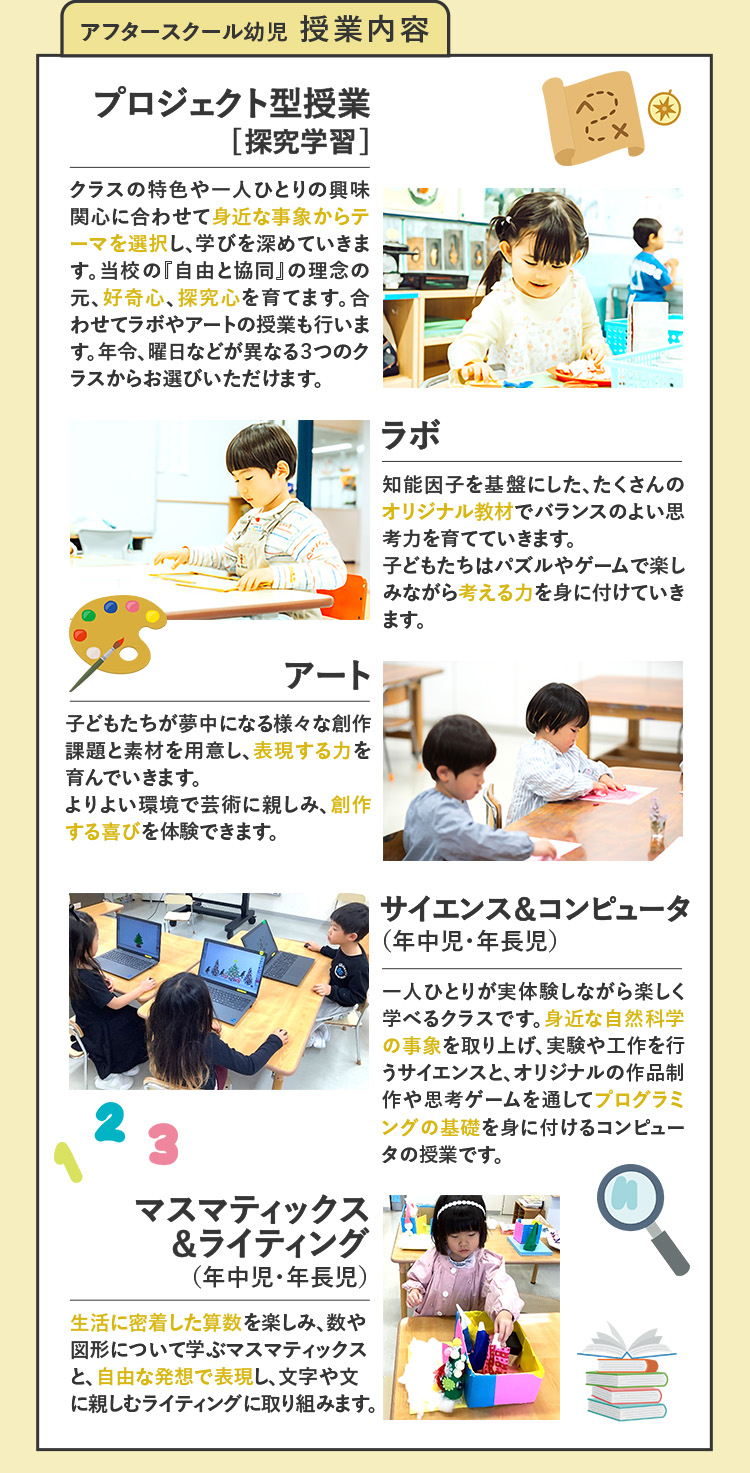 アフタースクール幼児 授業内容 プロジェクト型授業[探究学習] クラスの特色や一人ひとりの興味関心に合わせて身近な事象からテーマを選択し、学びを深めていきます。当校の「自由と協同」の理念の元、好奇心、探究心を育てます。合わせてラボやアートの授業も行います。年令、曜日などが異なる3つのクラスからお選びいただけます。 ラボ 知能因子を基盤にした、たくさんのオリジナル教材でバランスのよい思考力を育てていきます。子どもたちはパズルやゲームで楽しみながら考える力を身に付けていきます。 アート 子どもたちが夢中になる様々な創作課題と素材を用意し、表現する力を育んでいきます。よりよい環境で芸術に親しみ、創作する喜びを体験できます。 サイエンス&コンピュータ（年中児・年長児） 一人ひとりが実体験しながら楽しく学べるクラスです。身近な自然科学の事象を取り上げ、実験や工作を行うサイエンスと、オリジナルの作品制作や思考ゲームを通じてプログラミングの基礎を身に付けるコンピュータの授業です。 マスマティックス&ライティング（年中児・年長児） 生活に密着した算数を楽しみ、数や図形について学ぶマスマティックスと、自由な発想で表現し、文字や文に親しむライティングに取り組みます。
