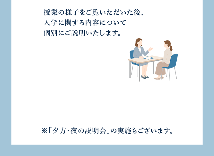 授業の様子をご覧いただいた後、入学に関する内容について個別にご説明いたします。 ※「夕方・夜の説明会」の実施もございます。