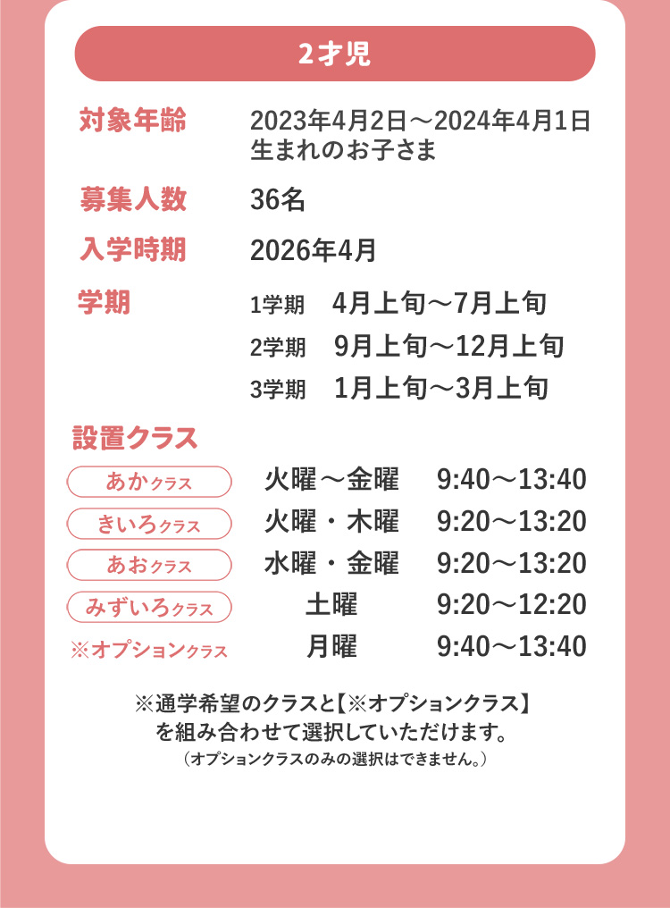 2才児 対象年齢 2023年4月2日～2024年4月1日生まれのお子さま 募集人数 36名 入学時期 2026年4月 学期 1学期 4月上旬～7月上旬 2学期 9月上旬～12月上旬 3学期 1月上旬～3月上旬 設置クラス あかクラス 火曜～金曜 9:40～13:40 きいろクラス 火曜・木曜 9:20～13:20 あおクラス 水曜・金曜 9:20～13:20 みずいろクラス 土曜 9:20～12:20 ※オプションクラス 月曜 9:40～13:40 ※通学希望のクラスと【※オプションクラス】を組み合わせて選択していただけます。(オプションクラスのみの選択はできません。)